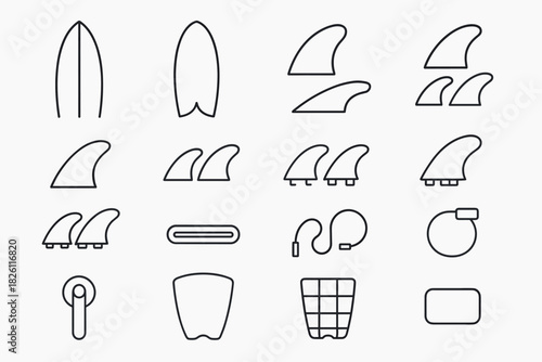 Minimalist surfboard and accessories icons set for water sports enthusiasts