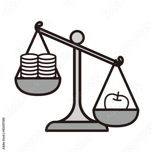 お金と物を比較するてんびんのイラストセット＿インフレーション