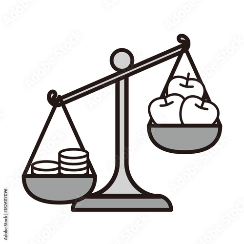 お金と物を比較するてんびんのイラストセット＿デフレーション