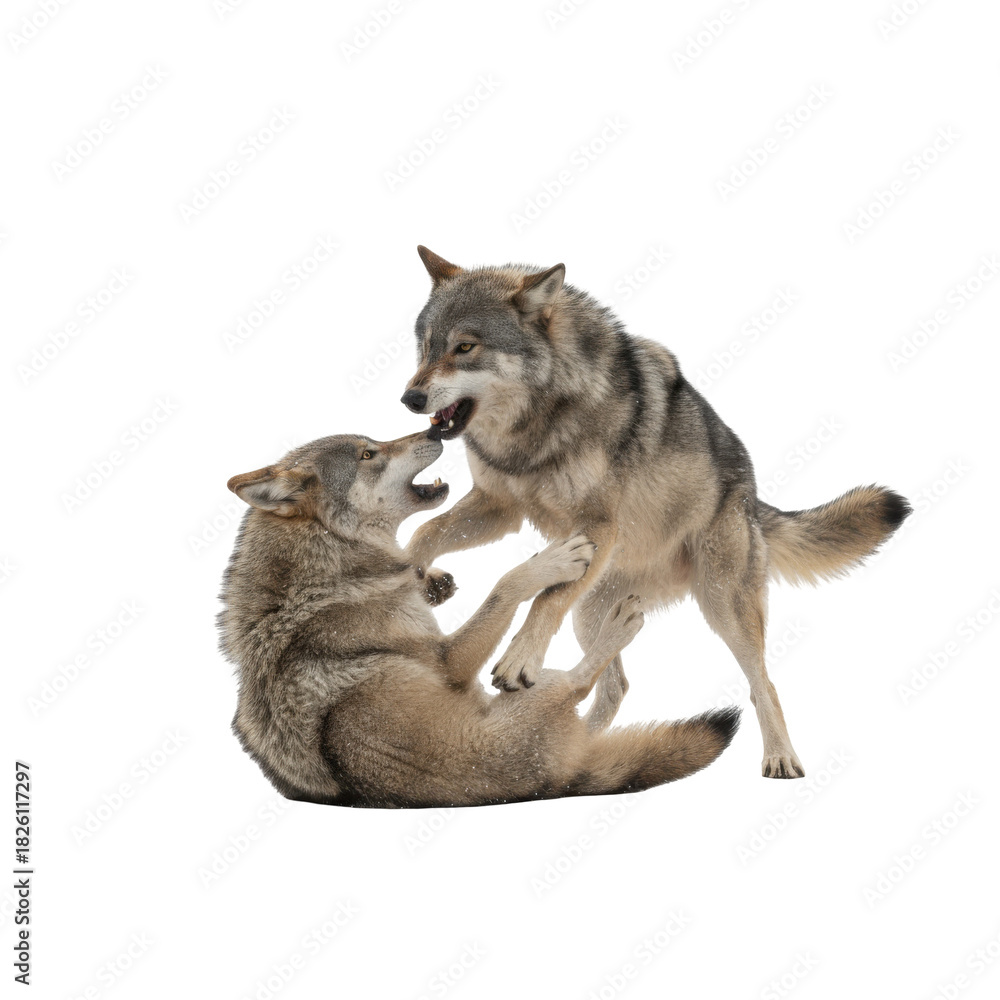 Naklejka premium Two wolves play fighting on a black background showing their power and bond