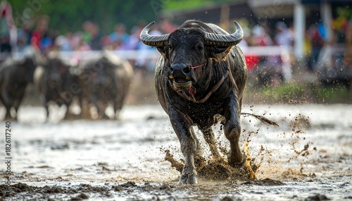 Exciting Thai Buffalo Race during a Traditional Festival with Dynamic Motion and Mud Splashes