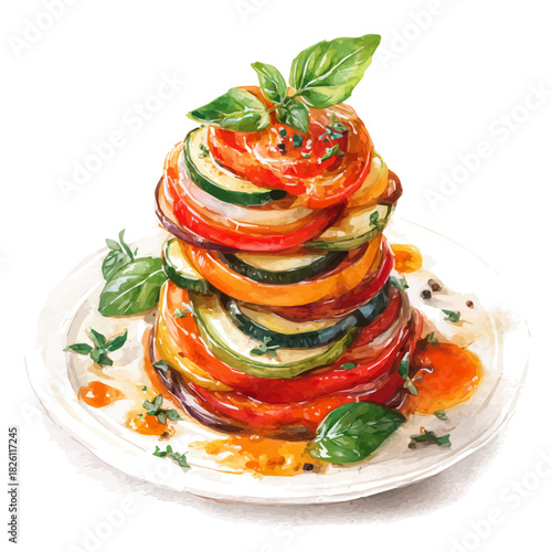 Ratatouille in watercolor style, vector illustration, isolated on white background.