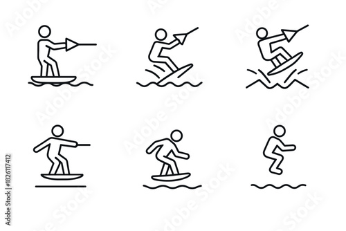 Minimalist line icons of wakeboarding actions set in iconic style