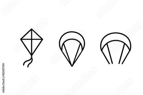 Minimalist line icons of kite, parachute, and paragliding equipment