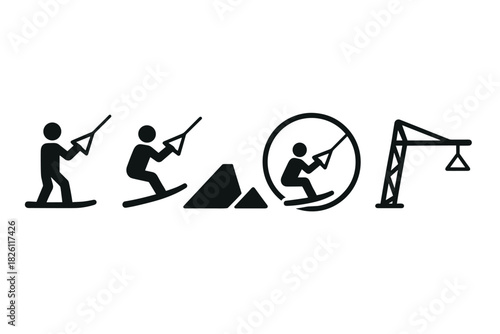 Silhouette icons of wakeboarding with ramp and crane elements