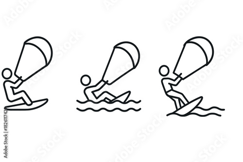 Minimalist line art of kiteboarding styles and techniques in action