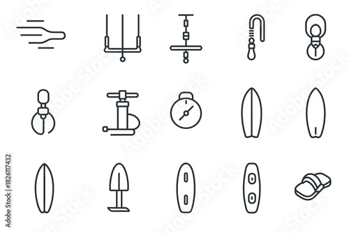 Water sports icons set featuring surfboard, speed, and time elements in linear style