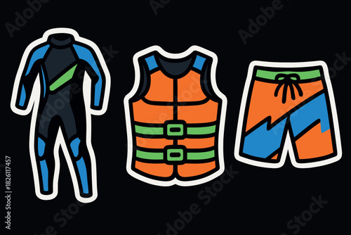 Vibrant water sports gear collection: wetsuit, life jacket, and shorts