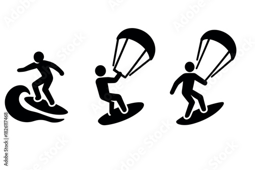 Silhouette sports adventure: surfing and kitesurfing icons in bold style