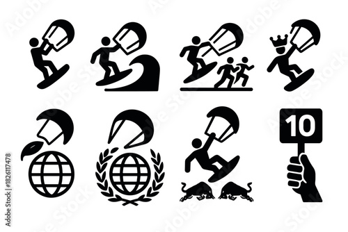Paragliding icons collection: silhouette adventure and sports symbols