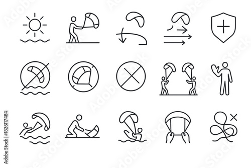 Paragliding safety icons set: minimal line art collection for outdoor adventure guidelines