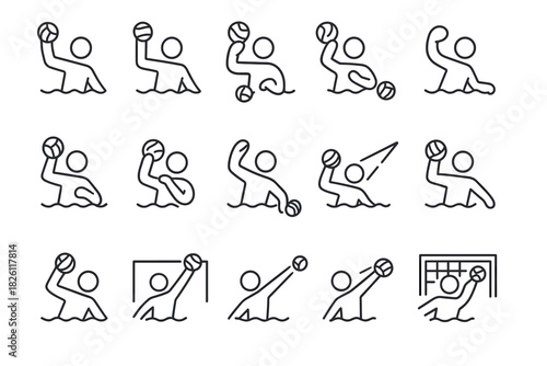 Simple linear icons of water polo actions and poses in minimalist design style