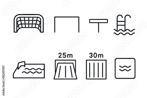 Minimalist pool and sports equipment icons set for water activities