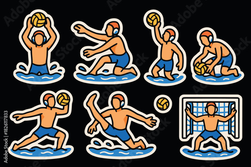 Dynamic water polo sports icons on dark background