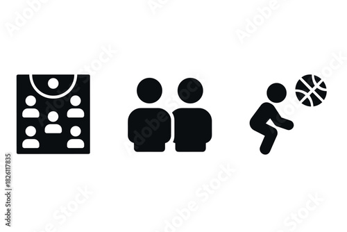 Minimalist basketball icon set featuring game strategy and player actions