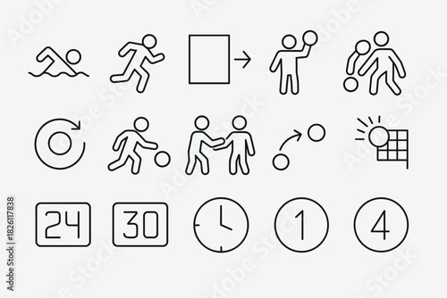 Linear sports icons: swimming, running, handball, and game symbols