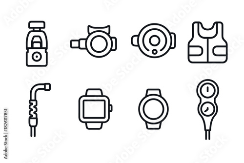 Minimalist linear icons of diving gear and technology gadgets