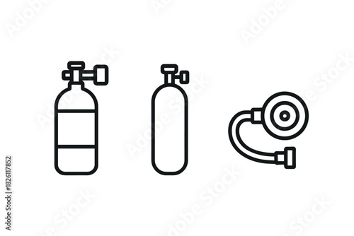 Diving equipment icons: oxygen tank and breathing apparatus in linear style