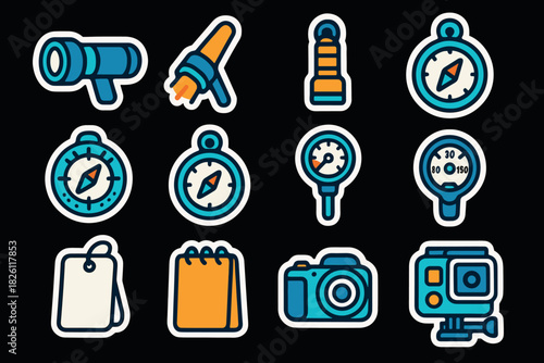 Adventure equipment icons set with retro style for travel enthusiasts and explorers