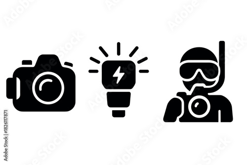 Silhouette icons of camera, lightbulb, and scuba diver