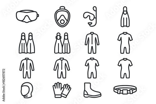 Diving gear linear icons set: wetsuits, goggles, snorkels, fins, gloves, boots, weights