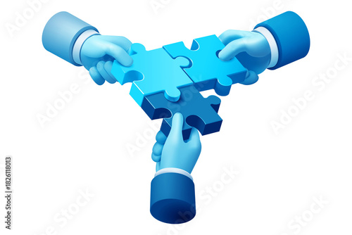 Three blue hands connecting puzzle pieces, symbolizing teamwork and collaboration in business, 3D illustration isolated on transparent background, png