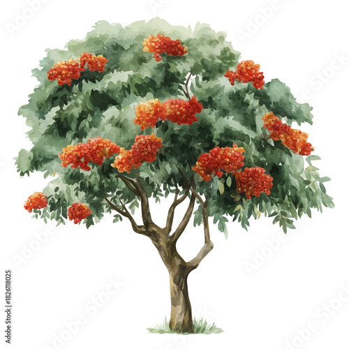 Rowan Tree in watercolor painting style, vector illustration on white background.