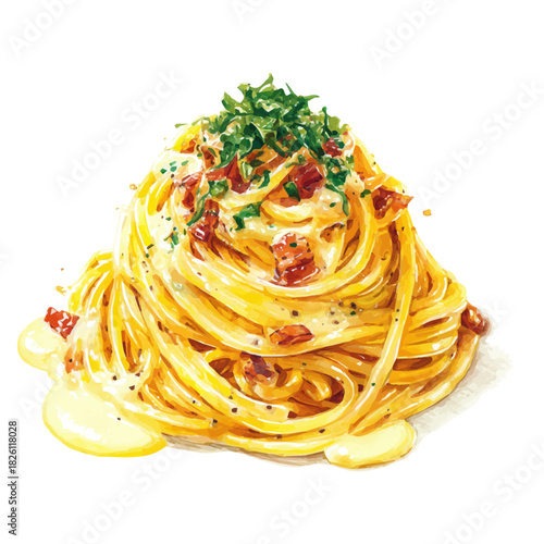 Spaghetti Carbonara in watercolor painting style, vector illustration on white background.