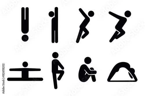 Minimalist silhouette icons of yoga poses for fitness and wellness