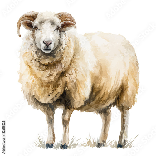 Watercolor painting of Sheep, vector illustration, isolated on white background.