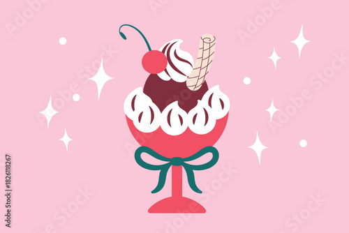 Ice cream bowl in girly coquette style vector illustration. Hand drawn cute summer illustration .