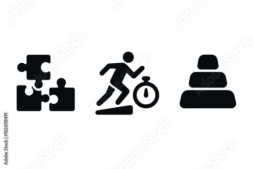 Puzzle pieces, running stopwatch, and gold bars silhouette icons for business concepts