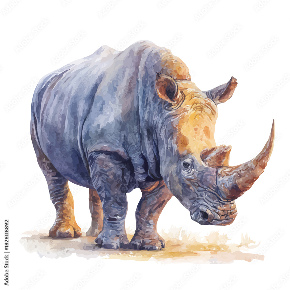 Fototapeta premium Rhinoceros, watercolor painting, vector illustration, isolated on a white background.