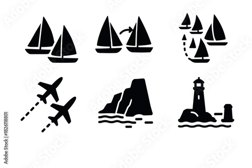 Nautical icons: boats, planes, lighthouse, and seas in silhouette style