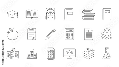 A versatile set of thin line icons depicting school, university, and e-learning concepts