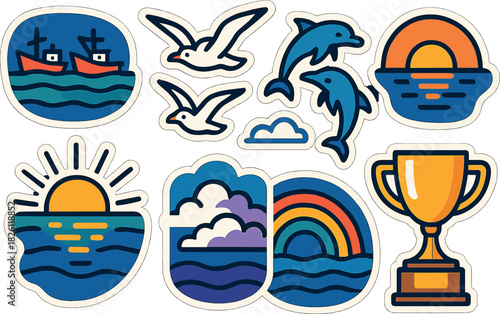 Colorful nautical and nature-themed sticker set with sunset and ocean icons