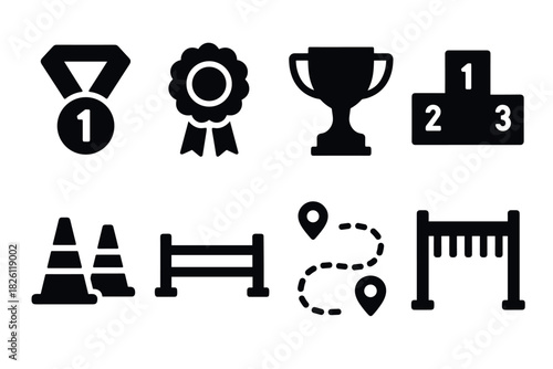 Award icons: medals, trophies, and racing symbols in silhouette style