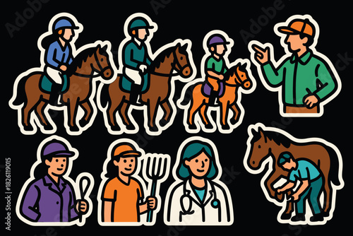 Equestrian activities and horse care stickers featuring horseback riding and veterinary care