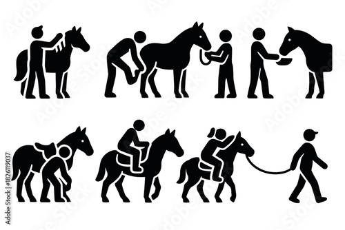 Horse care and riding activities silhouette set depicting step by step interaction and training