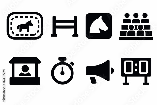 Equestrian icon set: horse show symbols in bold black silhouette design