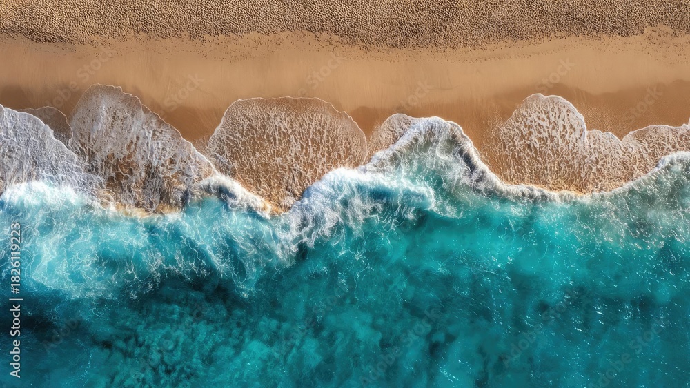 Naklejka premium Aerial view of a golden sandy beach meeting turquoise water, with white foamy waves along a rocky shoreline. Concept Aerial Beachscape, Golden Sand, Turquoise Water, White Foam Waves, Rocky Shoreline