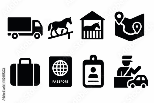 Travel and transportation icons set featuring passport, luggage, and navigation elements