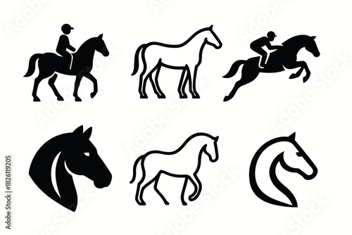 Silhouette icons of horses and equestrian activities