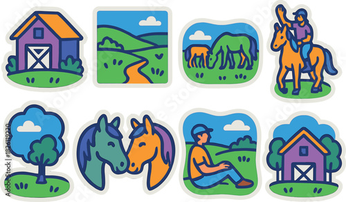 Vibrant farm life icons featuring horses, barns, and rural scenes