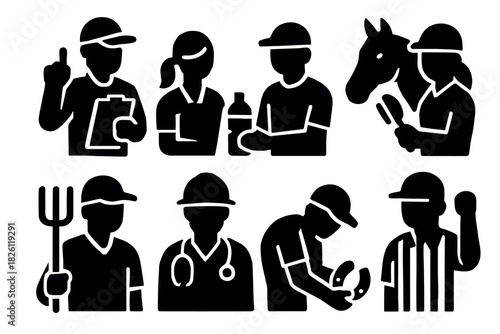 Diverse agricultural professions silhouette collection showcasing farming and veterinary roles