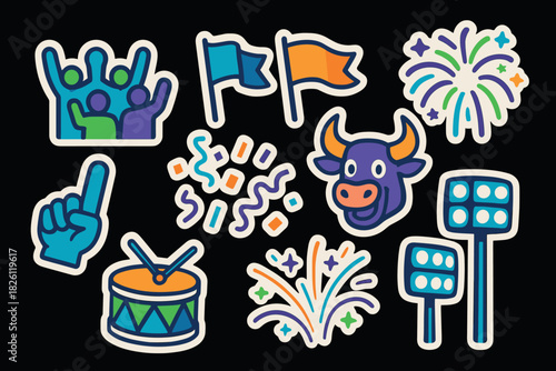 Colorful party stickers featuring festive icons and decorations