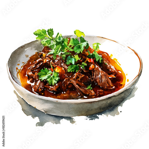 Watercolor vector illustration of Ropa Vieja, isolated on white background.