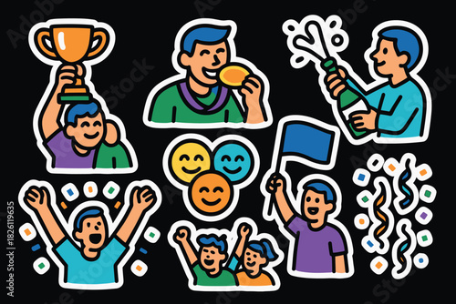 Celebratory moments: cartoon stickers of victory and joyful events