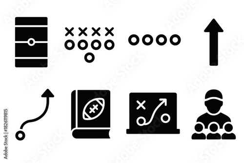 Football strategy icons: silhouette playbook and tactical analysis