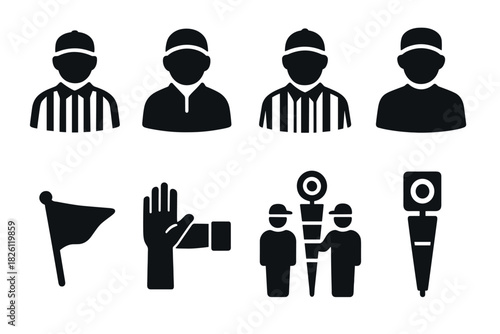 Referee icons set: silhouette sports officials and equipment symbols